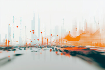 Aufkleber - cityscape with orange and white buildings and a reflection of the city in the water. The image has a futuristic and abstract feel to it