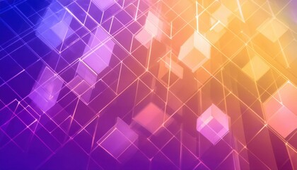 Leinwandbilder - futuristic glowing wireframe cubes in a digital abstract geometric space with a gradient of purple and orange light

