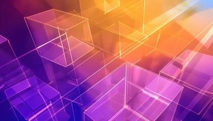 Leinwandbilder - futuristic glowing wireframe cubes in a digital abstract geometric space with a gradient of purple and orange light

