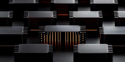 Poster - Close-up view of intricate black circuit components arranged in a grid pattern with glowing elements
