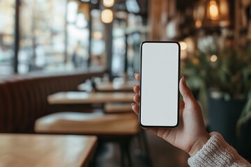Poster - Woman hand holding using mockup mobile phone at coffee shop with banner copy space