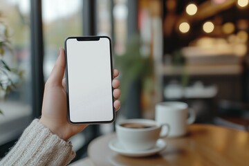 Poster - Woman hand holding using mockup mobile phone at coffee shop with banner copy space