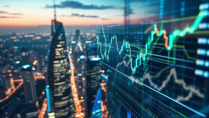 Poster - View of a city skyline at sunset with digital financial graphs and data overlay highlighting market trends and movements