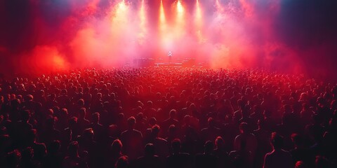 Poster - Excited crowd enjoys music performance by DJ. DJ plays music, people dance. Music creates exciting atmosphere. Concert at night in big hall club. Young people fun. Music festival, 32k Resolution