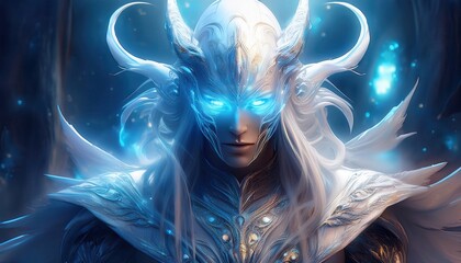 a noble warrior with glowing blue eyes stands proudly in an ethereal forest filled with magic.