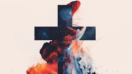 Fototapete - Christian-themed vector background featuring a radiant cross against a stunning cosmic universe, symbolizing faith and spirituality.

