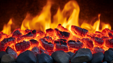 Poster - Glowing embers and orange flames in a fireplace, creating a warm and intense image symbolizing comfort, energy, and heat