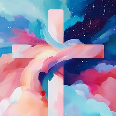 Aufkleber - Christian-themed vector background featuring a radiant cross against a stunning cosmic universe, symbolizing faith and spirituality.

