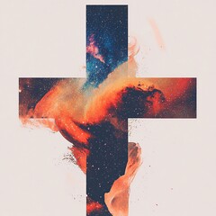 Poster - Christian-themed vector background featuring a radiant cross against a stunning cosmic universe, symbolizing faith and spirituality.

