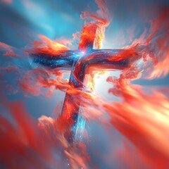 Poster - Christian-themed vector background featuring a radiant cross against a stunning cosmic universe, symbolizing faith and spirituality.

