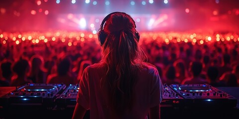 Poster - Excited crowd enjoys music performance by DJ. DJ plays music, people dance. Music creates exciting atmosphere. Concert at night in big hall club. Young people fun. Music festival, 32k Resolution