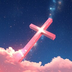 Poster - Christian-themed vector background featuring a radiant cross against a stunning cosmic universe, symbolizing faith and spirituality.

