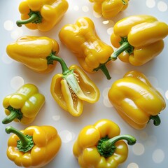 Poster - fresh yellow bell peppers arranged creatively on a light backdrop highlighting their vibrant color a