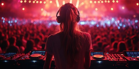 Poster - Excited crowd enjoys music performance by DJ. DJ plays music, people dance. Music creates exciting atmosphere. Concert at night in big hall club. Young people fun. Music festival, 32k Resolution