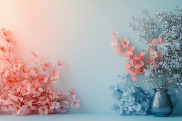 Poster - Pastel pink and blue flowers arranged symmetrically against a light blue background.