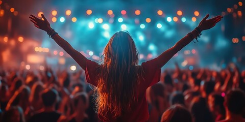 Poster - Excited crowd enjoys music performance by DJ. DJ plays music, people dance. Music creates exciting atmosphere. Concert at night in big hall club. Young people fun. Music festival, 32k Resolution