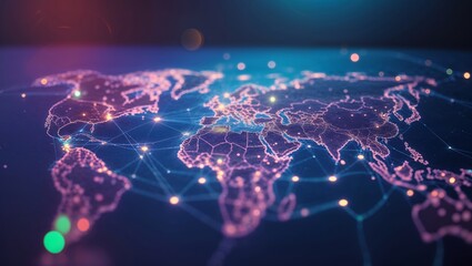Poster - Digital world map highlighting connections between major cities and regions across the globe at night