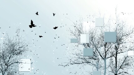 Birds flying near bare trees, abstract squares, winter sky; website background