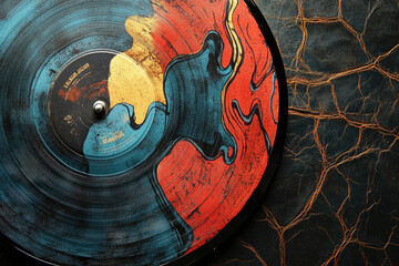 Poster - Hand-painted vinyl record with abstract swirling colors of red, blue, and gold on a dark background.