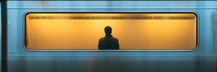 Poster - Solitary figure sitting quietly on empty subway car during dim evening hours surrounded by a warm glow Generative AI