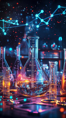 Poster - Close-up of glass laboratory flask and tubes, filled with glowing liquid, against a dark background with neon lights and molecule structure, symbolizing science, research, and discovery