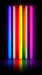 Poster - Vertical vibrant neon light columns, rainbow spectrum colors, dark background, showcase, product display, free space, ideal for banner or wallpaper