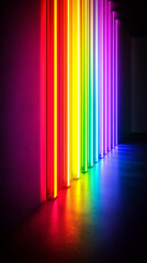 Poster - Rainbow-colored neon lights illuminate a dark room, creating a vibrant, energetic atmosphere, showcasing a modern and stylish design concept, ideal for a nightclub or event promotion