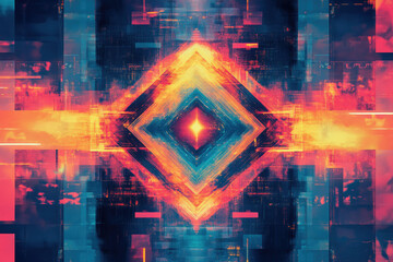Aufkleber - Abstract digital art with vibrant colors and geometric shapes creating a symmetrical, glowing central diamond.