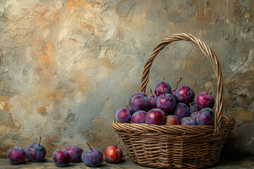Poster - A rustic wicker basket overflowing with plump, dark purple plums against a textured background.