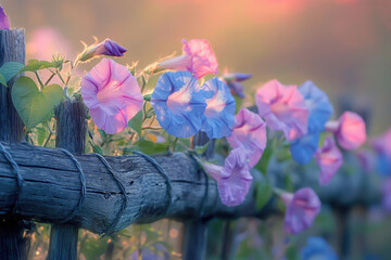 Poster - Delicate morning glory flowers in pastel pink and blue hues climb a rustic wooden fence at sunrise.