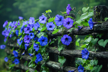 Poster - Vibrant blue morning glories climb a rustic wooden fence, creating a breathtaking natural scene.