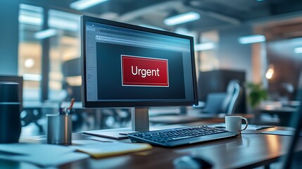 Urgent message on office computer screen at night