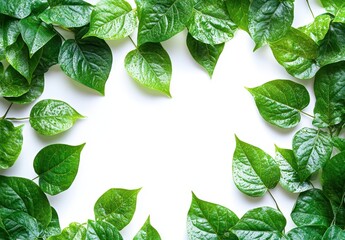 Poster - Green Heart-Shaped Leaves Framing a White Space on a Bright Background Perfect for Nature-Themed Designs, Layouts, or Environmental Concepts