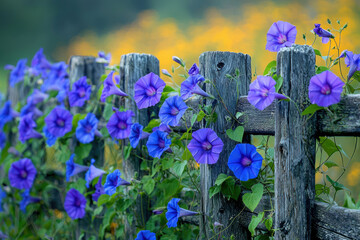 Poster - Vibrant purple morning glories climb a rustic wooden fence, creating a charming natural scene.
