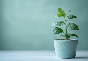 Poster - Green Leafy Plant in a Light Blue Pot on a Minimalist Background for Natural and Fresh Living Space Decor Inspiration