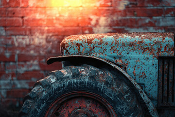 Poster - Rusty old tractor against a brick wall, bathed in sunset light.  A testament to time and hard work.
