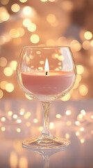 Aufkleber - Lit candle in glass, peach-colored wax, warm light against bokeh background, symbolizing peace, tranquility, and festive mood