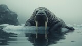 a massive walrus lounges atop a drifting sheet of ice in the cold arctic waters, its thick, wrinkled skin glistening in the soft northern light. its long, curved tusks rest against its chest as its de
