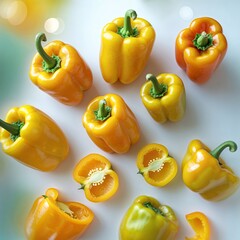 Poster - yellow bell peppers arranged artistically on a light surface with some halved to reveal seeds and in