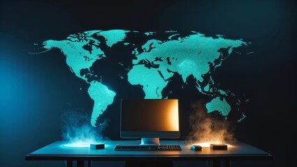 Aufkleber - Computer setup with glowing world map projection in a dimly lit workspace at night