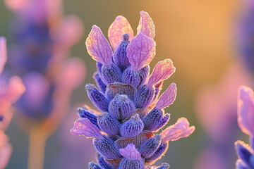 Poster - Close-up of a lavender flower at sunset, showcasing its delicate purple blooms and soft texture.
