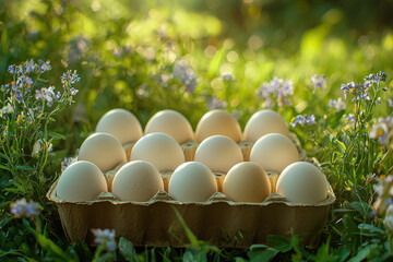 Poster - A dozen fresh white eggs nestled in a cardboard carton, surrounded by vibrant green grass and delicate wildflowers.