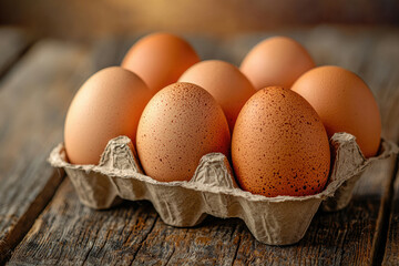 Poster - Six brown eggs in a cardboard carton on a rustic wooden surface.