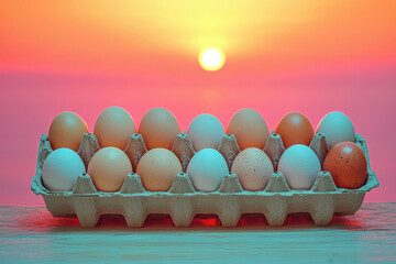 Aufkleber - A carton of fresh eggs sits at sunset, showcasing vibrant colors and natural beauty.
