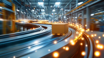 Fototapete - products moving efficiently on a conveyor belt, motion blur, speed