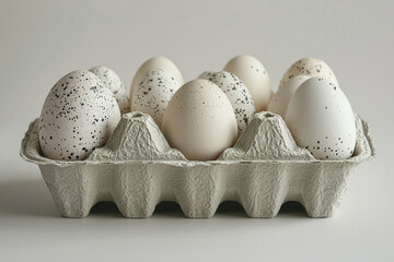 Poster - A carton of speckled and plain white eggs, showcasing a variety of textures and colors.