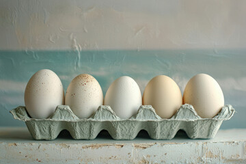 Poster - Five speckled and plain eggs sit in a pale green carton against a tranquil sea backdrop.