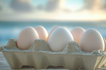 Poster - Six fresh eggs in a cardboard carton, near a blurry ocean backdrop.