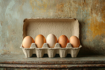 Poster - Five eggs of varying shades nestled in a rustic cardboard carton against a textured background.
