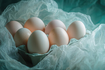 Poster - A carton of fresh eggs nestled in delicate, teal fabric.